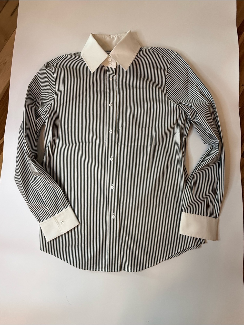 Lafayette 148 New York Shimmer Pinstripe Stretch Cotton Contrast Collar Blouse - Picture 8 of 16